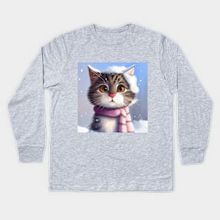 Lovely Cute Cat and Fluffy Cat Closeup in Winter Scenery Kids Long Sleeve T-Shirt